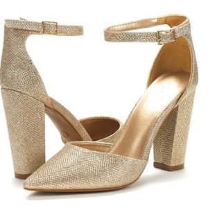 Pointed Toe Gold Ankle Strap High Heel Size 5.5 Prom Wedding Formal‎ Glitter